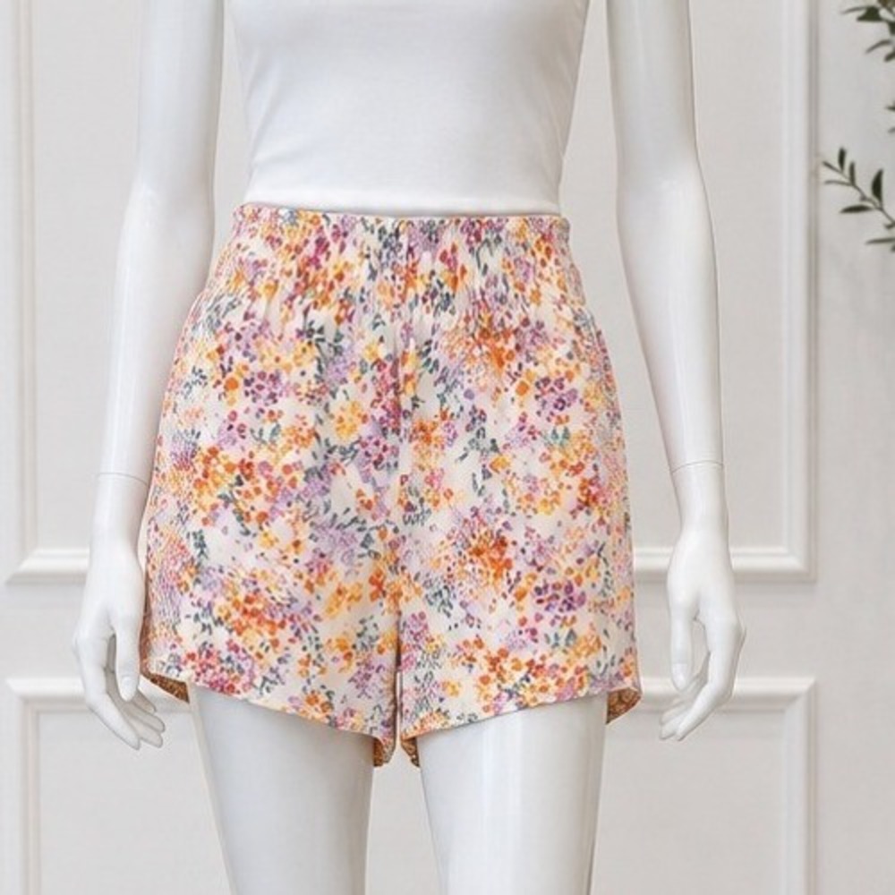 H&M Women Shorts Floral Linen Blend Smocked Waist White Multi XS